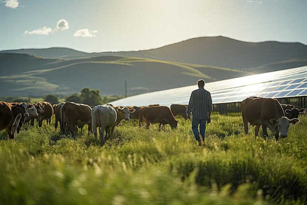 Photo a man standing in the middle of a field with cows and a solar panel on the top of the hill