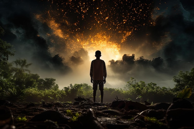 Photo a man standing in the middle of a forest