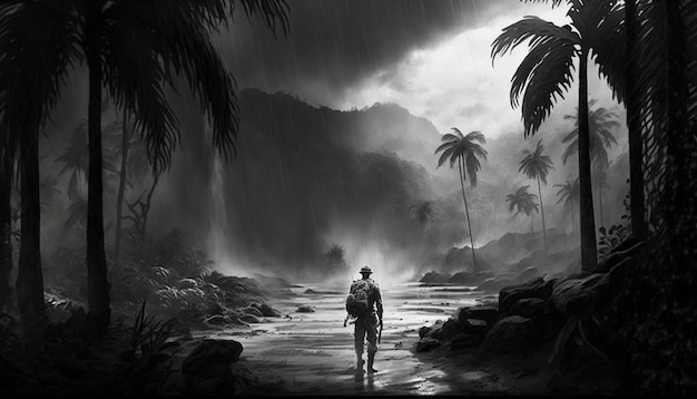 A man standing in the middle of jungle with waterfall background generative ai