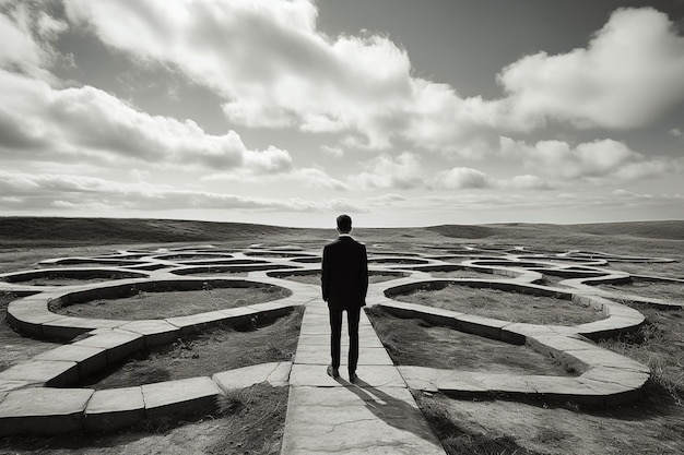 Foto un uomo in piedi nel mezzo di un labirinto