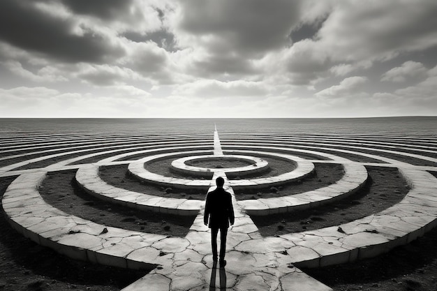 Foto un uomo in piedi nel mezzo di un labirinto