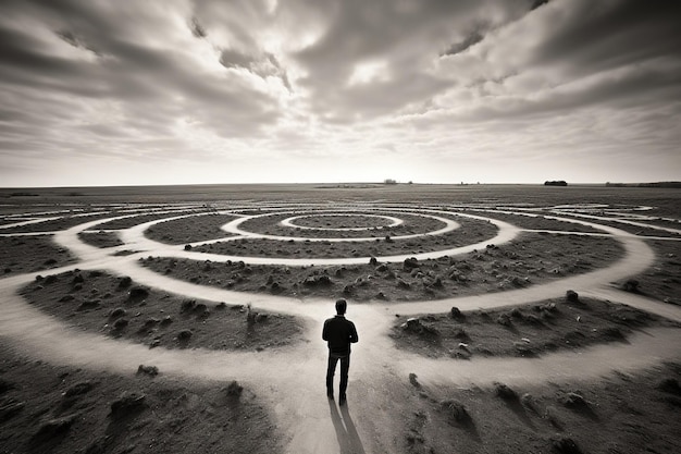 a man standing in the middle of a labyrinth