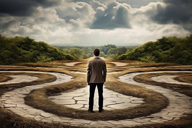 a man standing in the middle of a labyrinth