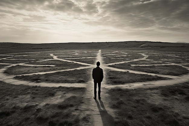 a man standing in the middle of a labyrinth