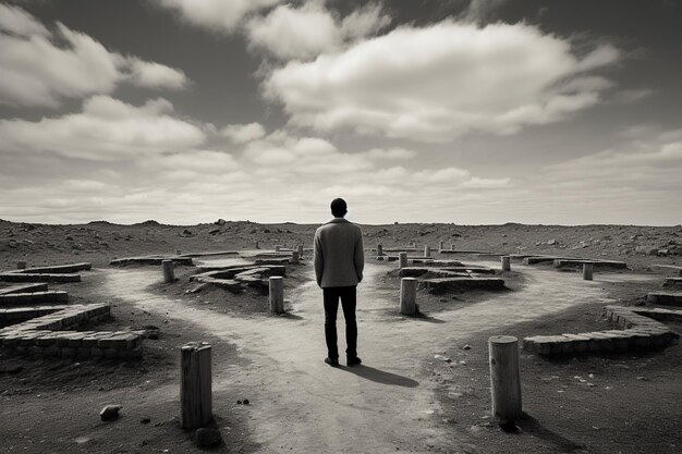 a man standing in the middle of a labyrinth