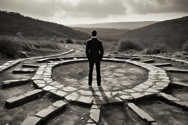 Photo a man standing in the middle of a labyrinth