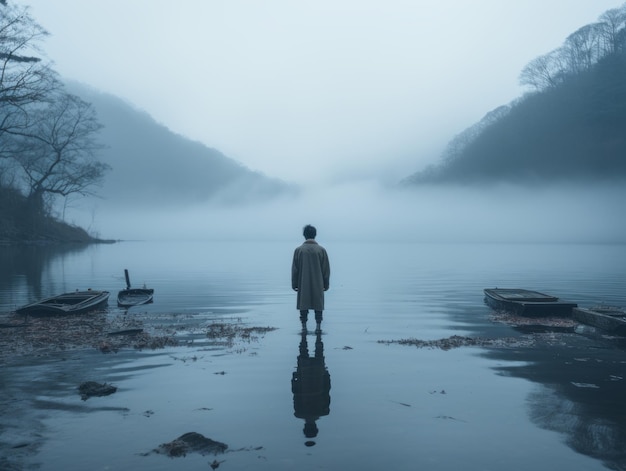 a man standing in the middle of a lake with fog in the background