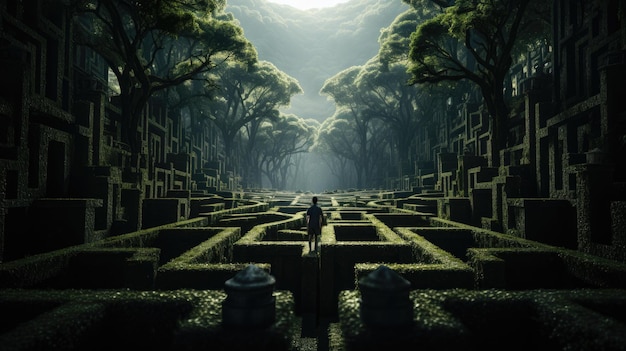 A man standing in the middle of a maze surrounded by trees