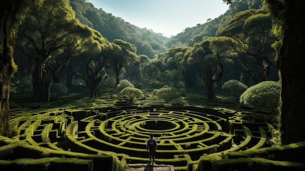 A man standing in the middle of a maze surrounded by trees