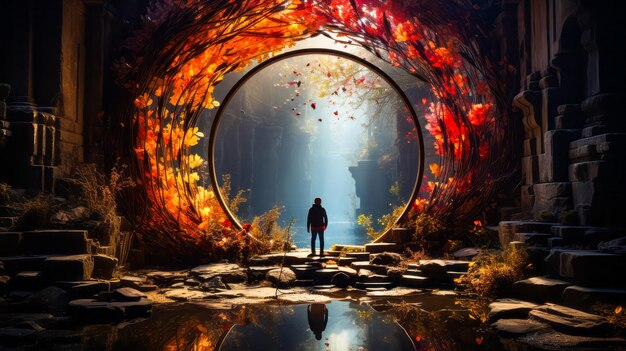 Man standing in the middle of tunnel of fire Generative AI