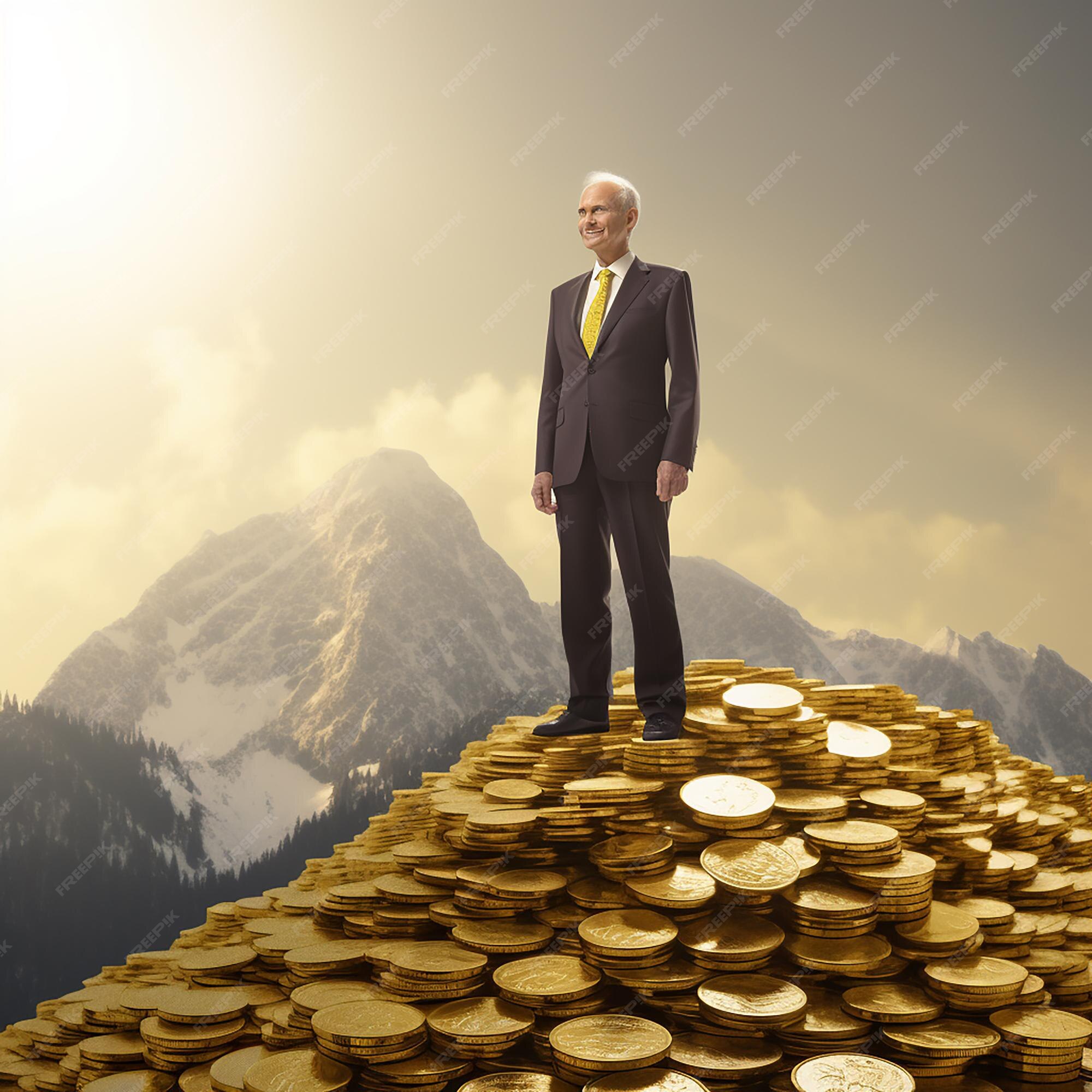 Premium Photo A Man Standing On A Mountain Of Gold Coins premium-photo-a-man-standing-on-a-mountain-of-gold-coins