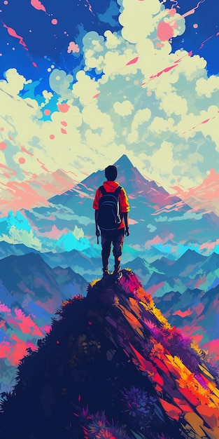 A man standing on a mountain looking at the sky