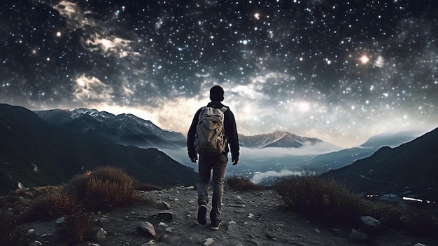 Foto un uomo in piedi su una montagna che guarda le stelle