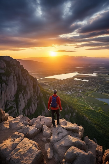 Man standing on a mountain peak overlooking a valley at sunset