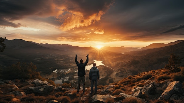 a man standing on a mountain at sunset