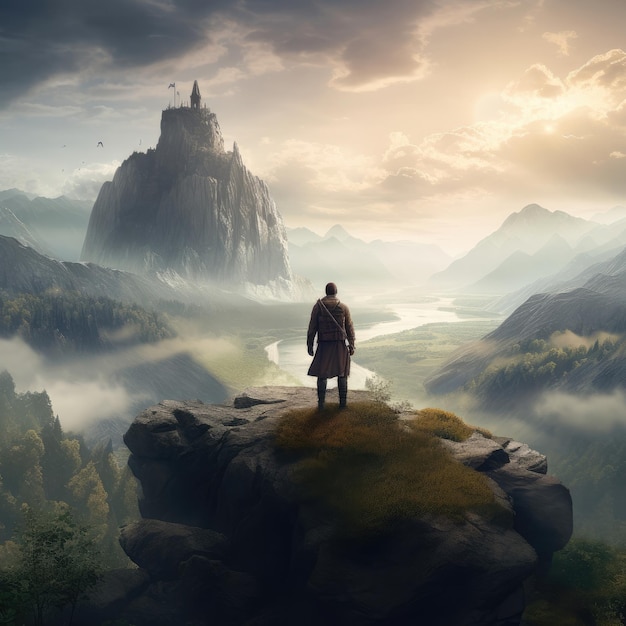 A man standing in the mountain top in fantasy world