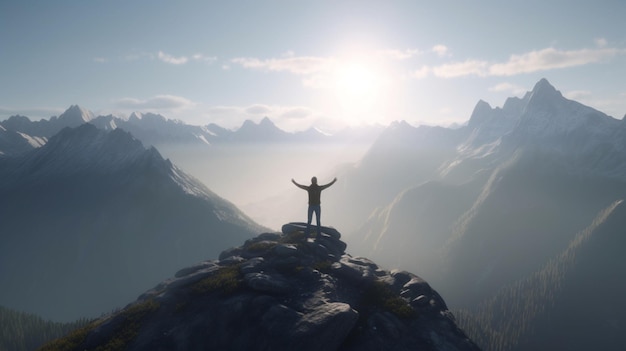 Мужчина стоит на вершине горы с поднятыми руками.