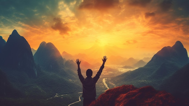 A man standing on a mountain with his arms raised in the air