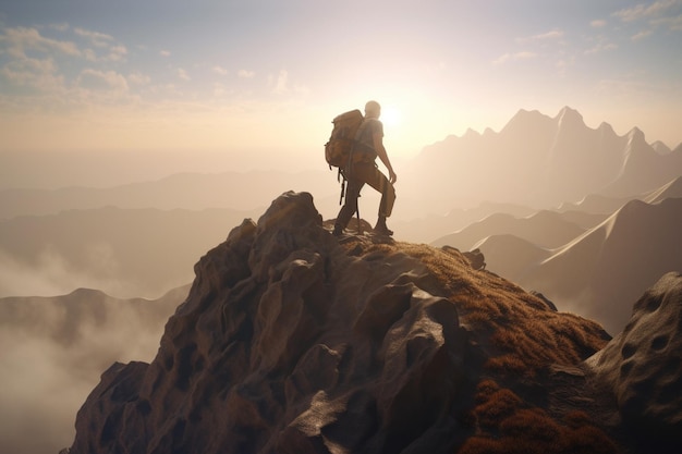 Man standing on a mountain with mountains in the background