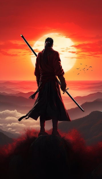 A man standing on a mountain with a sunset in the background.