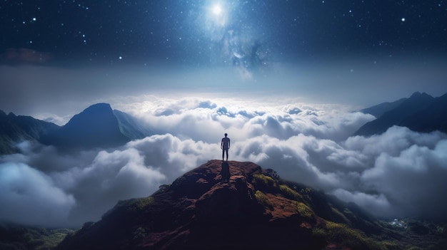 Man standing on mountaintop at night under clouds Generative AI