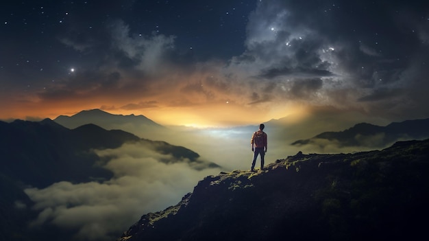 Man standing on mountaintop at night under clouds Generative AI