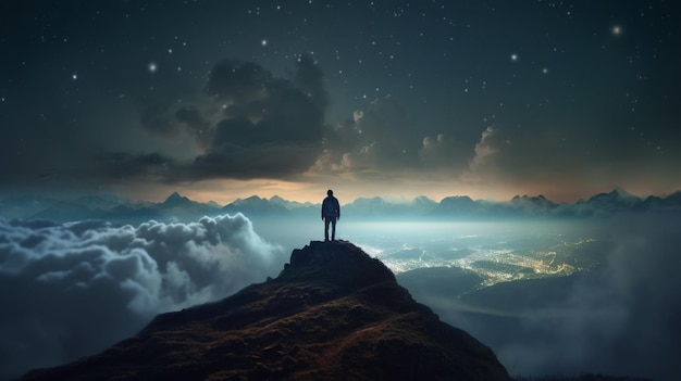 Man standing on mountaintop at night under clouds Generative AI