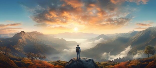 Man standing on a mountaintop overlooking a valley