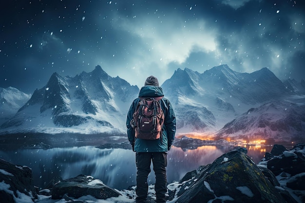 a man standing in nature surrounded by mountain lake and aurora light