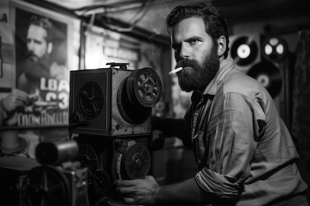 Photo man standing near a film projector in the room projectionist