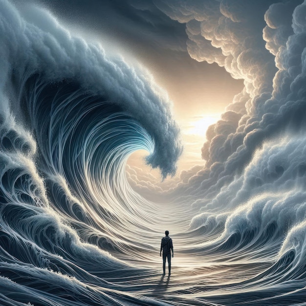 Photo a man standing near a huge tsunami