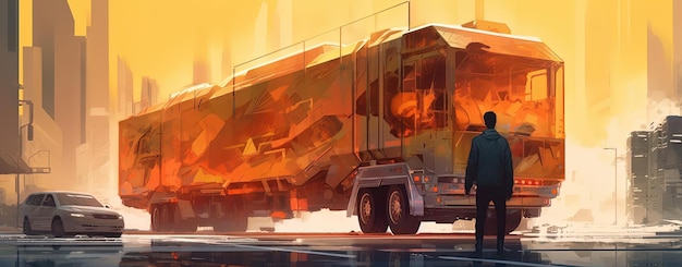 a man standing near a large truck in the style of futuristic digital art