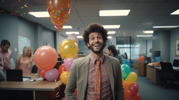 Man Standing in Office Surrounded by Balloons Employee Appreciation Day