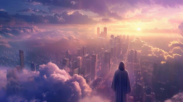 Фото Человек, стоящий на облачном городе.