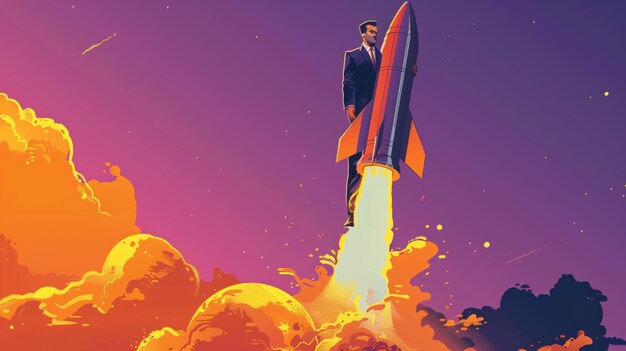 Фото Человек, стоящий на ракете в небе