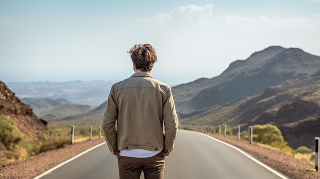写真 山の道に立っている男性道路旅行中に美しい風景を楽しんでいる男性旅行者