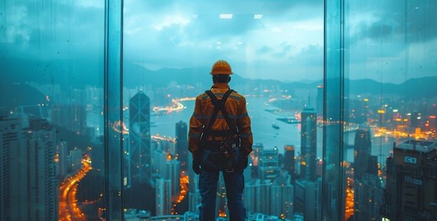 Фото Человек, стоящий на вершине высокого здания.