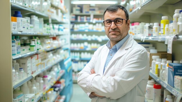 Photo a man standing in a pharmacy with his arms crossed