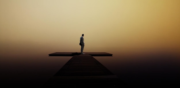 夕暮れの時に湖の上の埠頭に立っている男
