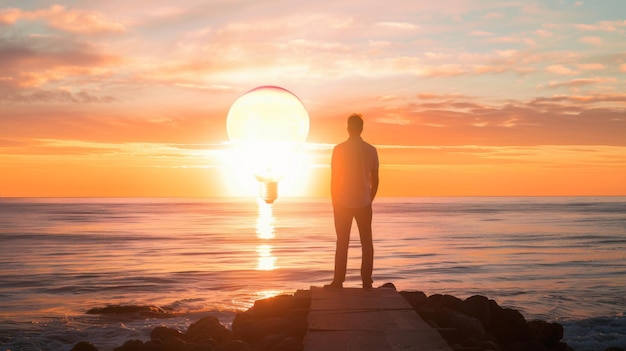 Foto uomo in piedi sul molo a guardare il tramonto