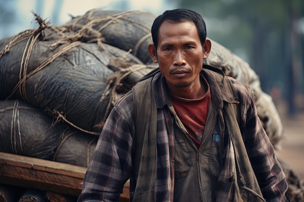 A man standing next to a pile of bags