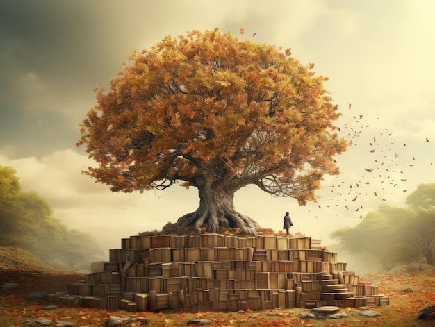 Man Standing on Pile of Books Under Tree