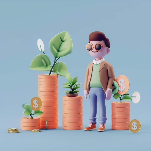 a man standing next to a pile of coins with a dollar sign on it