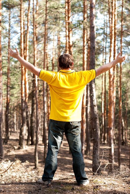 Man standing in the pine forest