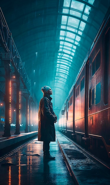 A man standing on a platform next to a train with volumetric lighting and fog in futuristic train station AI generated AI generative AI generativ