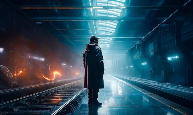 Человек, стоящий на платформе рядом с поездом с объемным освещением и туманом на футуристическом вокзале