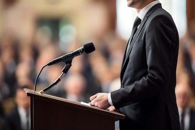 A man standing at a podium in front of a microphone Ai