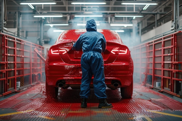 Man Standing Next to Red Car in Garage