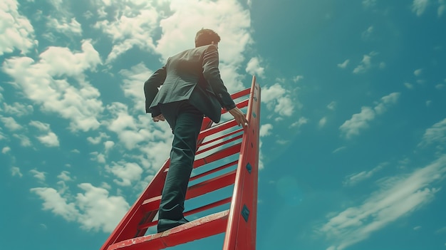 Photo man standing on red ladder