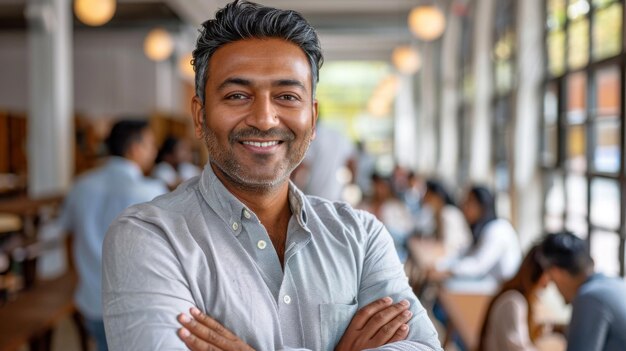 Man standing in restaurant with arms crossed